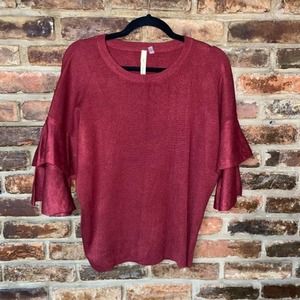 NY Collection Red Ruffled Tiered Bell 3/4 Sleeve Sweater Size Small Womens